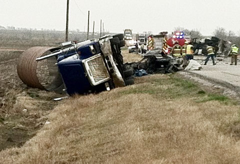 Photo shows 18-wheeler crash, Jan. 24, on State Highway 95 just north of Elgin, Texas