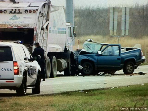 One person was killed when a garbage truck collided with a blue pickup truck on the State Highway 130 service road near Austin, TX on February 22, 2013. Photo credit: Chris Nelson / KXAN