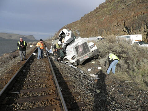On February 25, 2013 in Hermiston, OR a tanker semi truck hauling jet fuel was struck by a train after becoming stuck on the tracks. Photo credit: Oregon State Police, KOIN
