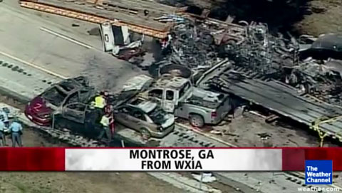 Several tractor trailers were involved in a fatal chain reaction accident that left 4 people dead on I-16 near Montrose, GA on February 6, 2013. Photo credit: The Weather Channel