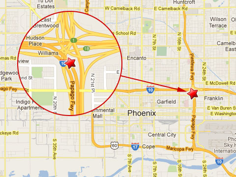 Map showing location of semi truck crash in Phoenix, AZ where a load of coffee creamer was spilled jamming traffic for hours at the "Mini Stack" exchange of the I-10 where it connects to State Route 51 and Loop 202 on February 13, 2013.