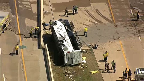 At least two people were killed when a tour bus crashed in Irving, TX on the George Bush Turnpike (Highway 161) near a toll plaza on April 11, 2013. 