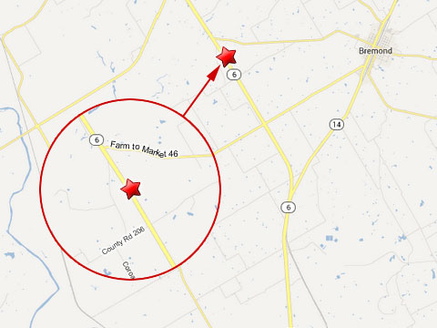 Map shows location of fatal semi truck accident on the northbound Texas State Highway 6 about about 1/2 mile north of Falls County Road 206 just south of Farm to Market 46 near Bremond, TX on May 28, 2013.