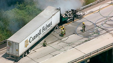 A tractor trailer overturned and caught fire on the Trinity River bridge on U.S. Highway 80 in Forney, TX on August 2, 2013. Photo credit: KTVT/KTXA