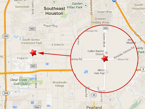 Map shows location of fatal semi truck accident in Houston, TX on August 22, 2013 on Almeda Genoa Rd near Cullen Blvd.