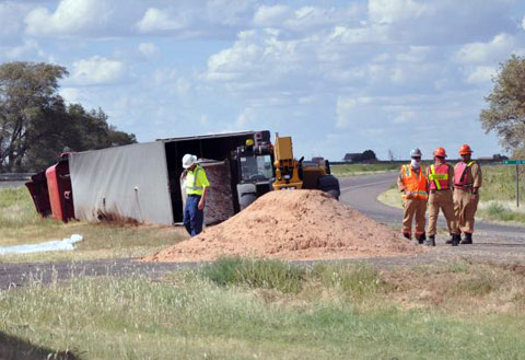 A semi truck hauling a hazardous chemical turned over and spilled on U.S. Highway 287 at County Road K just north of Estelline, TX on September 8, 2013.