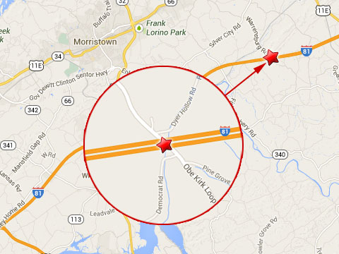Map shows location of fatal semi truck accident on the northbound I-81 in Greene County, TN at the Hamblen County line near mile marker 18 on September 16, 2013.