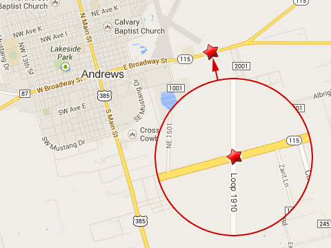 Map shows location of Andrews, TX, where a fatal semi truck accident occurred on October 12, 2013 on State Highway 115, which runs east to west through the middle of town.