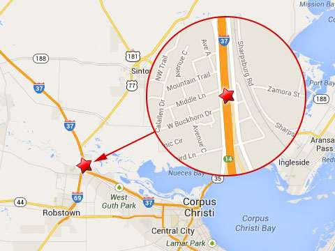 Map shows location of a cargo truck accident on the northbound I-37 near mile marker 14 in Corpus Christi, TX on October 13, 2013.