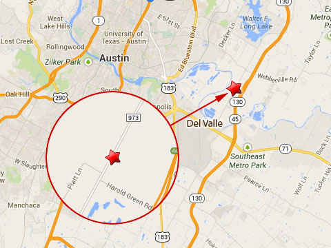 Map shows location of fatal semi truck accident on Farm to Market 973 between Farm to Market 969 to the north and Harold Green Rd in Del Valle, TX on September 28, 2013.