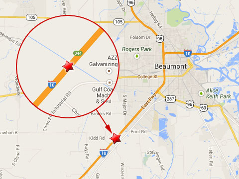 Map shows location of fatal semi truck crash on the eastbound I-10 just outside Beaumont, TX near mile marker 844 on October 22, 2013.