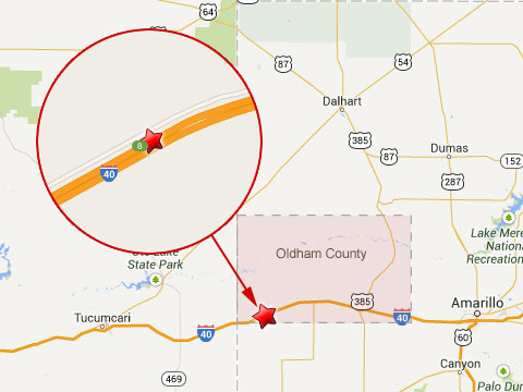 Map shows location of fatal semi truck accident near mile marker 8 on I-40 in Oldham County, TX on October 23, 2013.