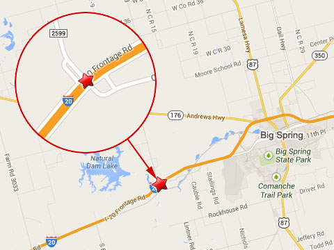 Map shows location of a semi truck crash and bridge collapse on I-20 at Farm to Market 2599 on November 5, 2013.