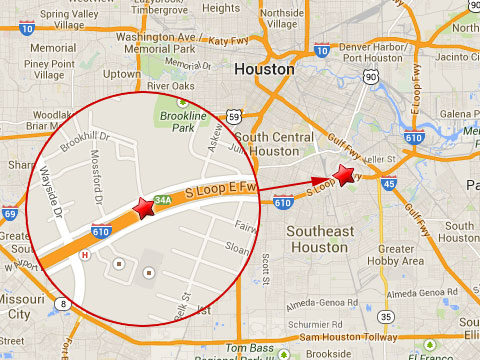 Map shows location of tractor trailer crash on the I-610 South Loop in Houston, TX near Wayside Dr on Ocober 27, 2013.