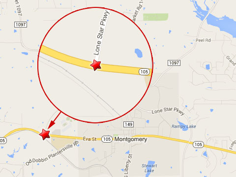 Map shows location of a semi truck accident at Texas State Highway 105 and Lone Star Parkway in Montgomery, TX on October 24, 2013.