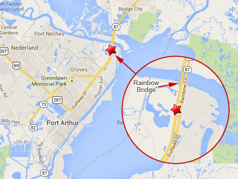Map shows location of the Rainbow Bridge in Port Arthur, TX where a semi truck jackknifed, punctured its fuel tank and caused a diesel fuel leak on October 31, 2013.